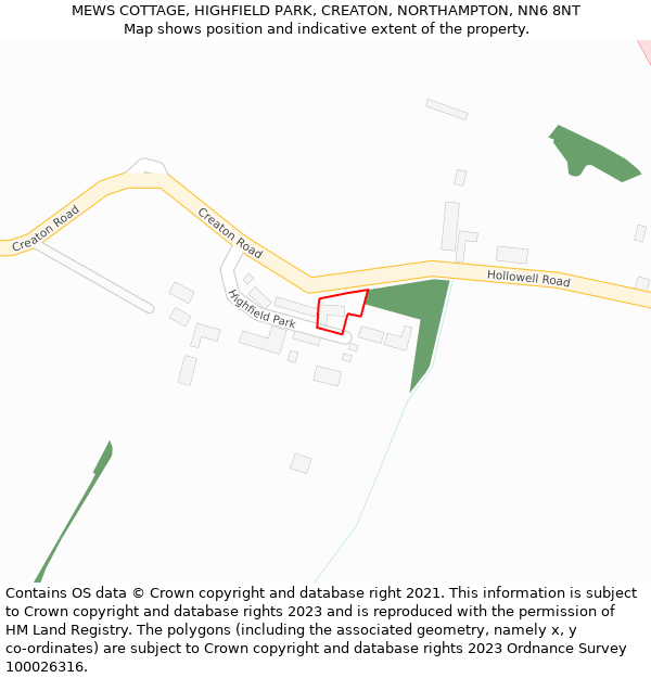 MEWS COTTAGE, HIGHFIELD PARK, CREATON, NORTHAMPTON, NN6 8NT: Location map and indicative extent of plot