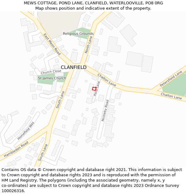 MEWS COTTAGE, POND LANE, CLANFIELD, WATERLOOVILLE, PO8 0RG: Location map and indicative extent of plot