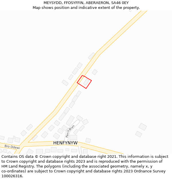 MEYSYDD, FFOSYFFIN, ABERAERON, SA46 0EY: Location map and indicative extent of plot