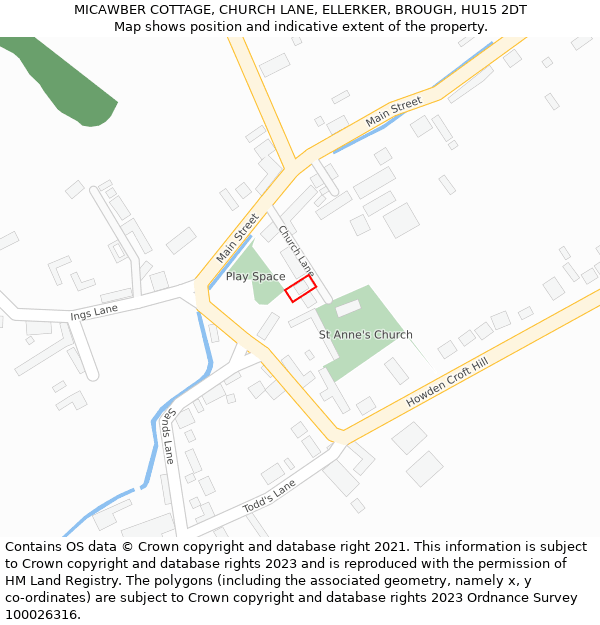 MICAWBER COTTAGE, CHURCH LANE, ELLERKER, BROUGH, HU15 2DT: Location map and indicative extent of plot