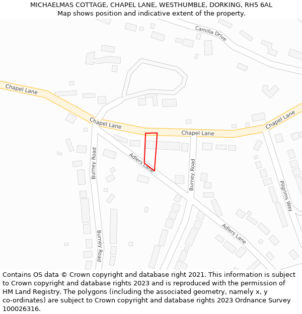 MICHAELMAS COTTAGE, CHAPEL LANE, WESTHUMBLE, DORKING, RH5 6AL: Location map and indicative extent of plot