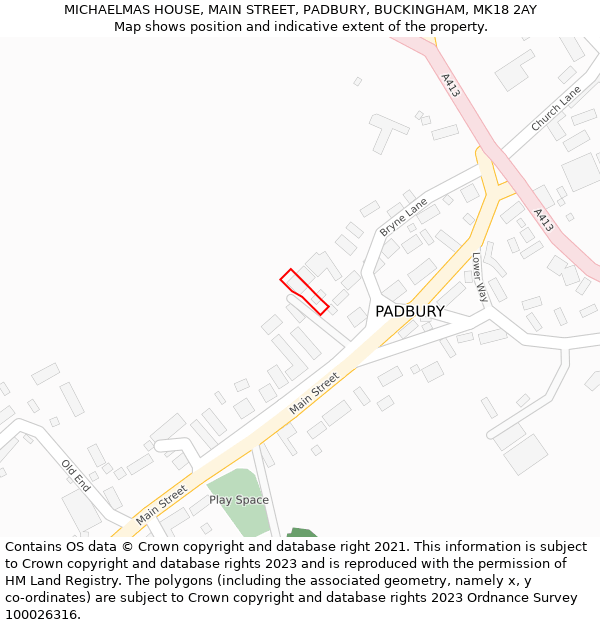 MICHAELMAS HOUSE, MAIN STREET, PADBURY, BUCKINGHAM, MK18 2AY: Location map and indicative extent of plot