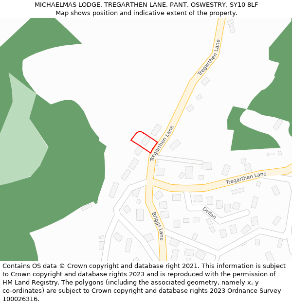 MICHAELMAS LODGE, TREGARTHEN LANE, PANT, OSWESTRY, SY10 8LF: Location map and indicative extent of plot