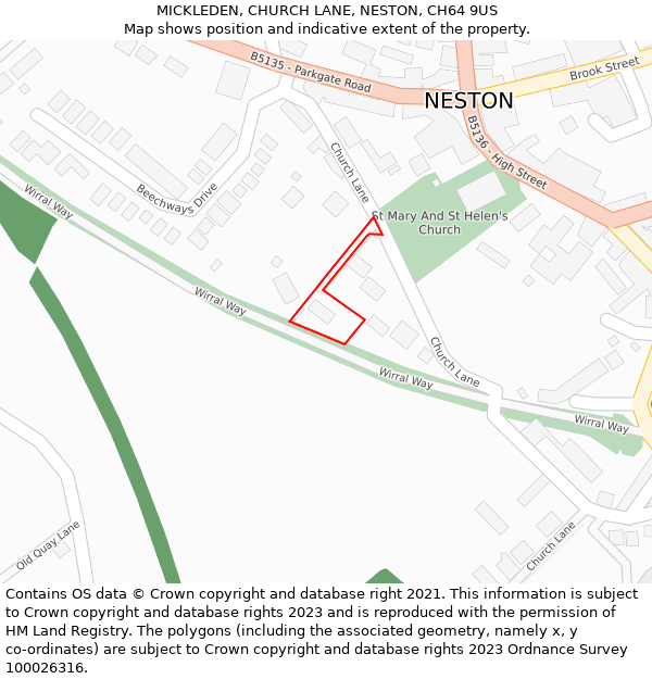 MICKLEDEN, CHURCH LANE, NESTON, CH64 9US: Location map and indicative extent of plot