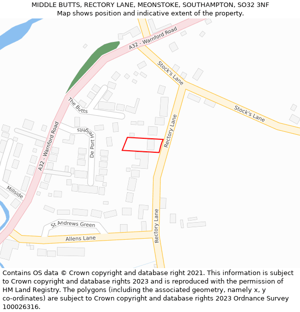 MIDDLE BUTTS, RECTORY LANE, MEONSTOKE, SOUTHAMPTON, SO32 3NF: Location map and indicative extent of plot