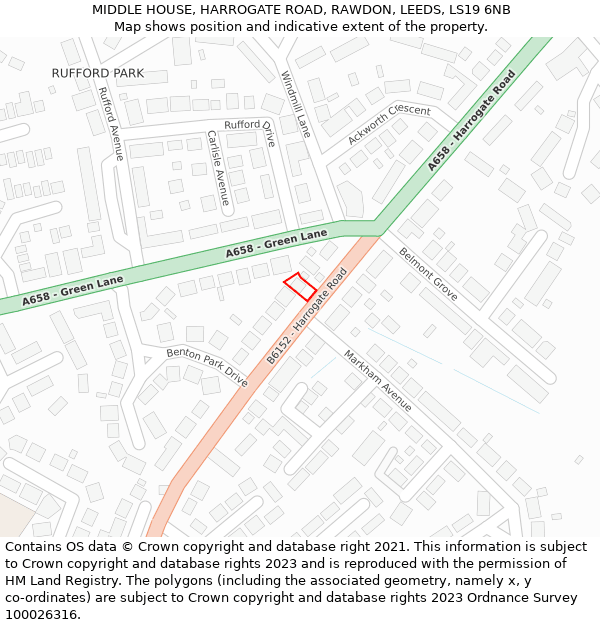 MIDDLE HOUSE, HARROGATE ROAD, RAWDON, LEEDS, LS19 6NB: Location map and indicative extent of plot