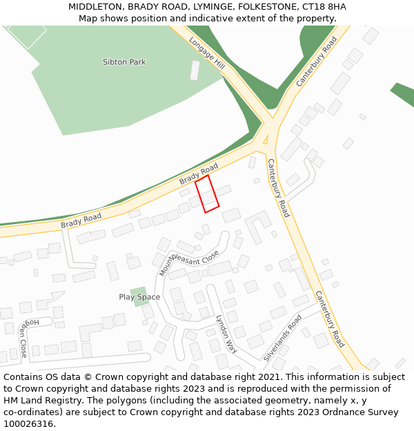MIDDLETON, BRADY ROAD, LYMINGE, FOLKESTONE, CT18 8HA: Location map and indicative extent of plot