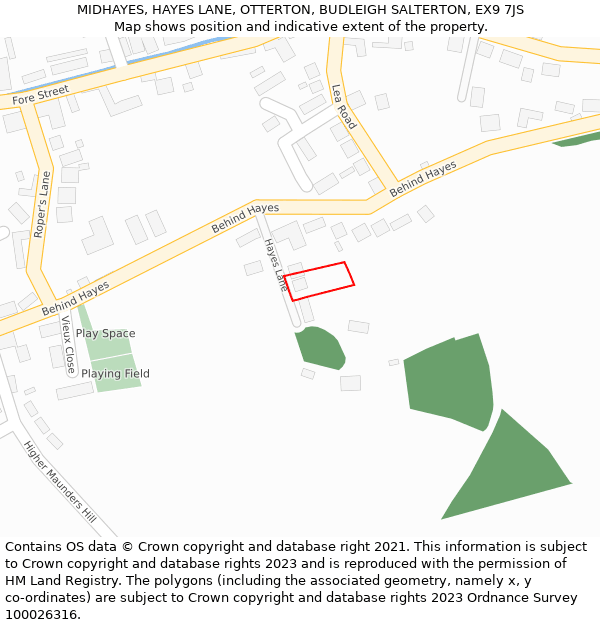 MIDHAYES, HAYES LANE, OTTERTON, BUDLEIGH SALTERTON, EX9 7JS: Location map and indicative extent of plot