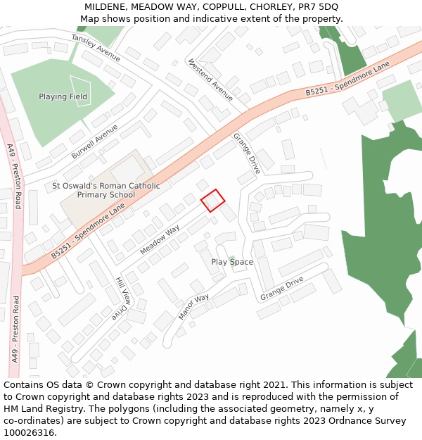 MILDENE, MEADOW WAY, COPPULL, CHORLEY, PR7 5DQ: Location map and indicative extent of plot