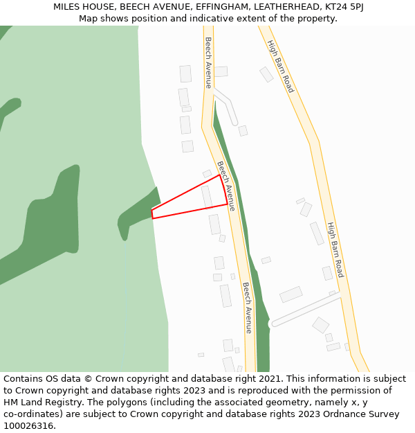 MILES HOUSE, BEECH AVENUE, EFFINGHAM, LEATHERHEAD, KT24 5PJ: Location map and indicative extent of plot