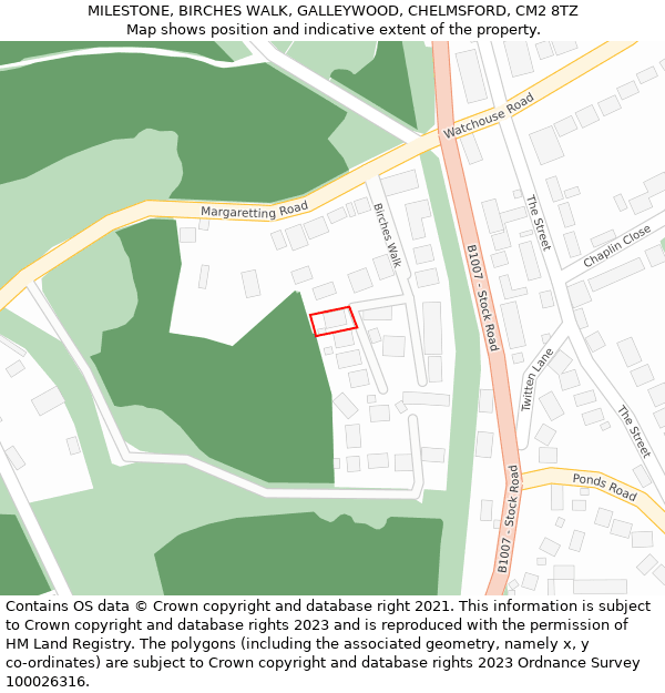 MILESTONE, BIRCHES WALK, GALLEYWOOD, CHELMSFORD, CM2 8TZ: Location map and indicative extent of plot