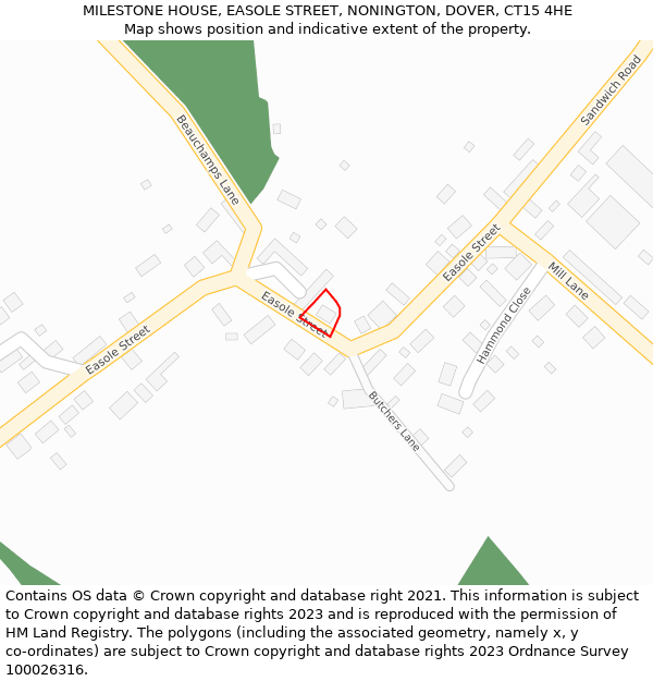 MILESTONE HOUSE, EASOLE STREET, NONINGTON, DOVER, CT15 4HE: Location map and indicative extent of plot