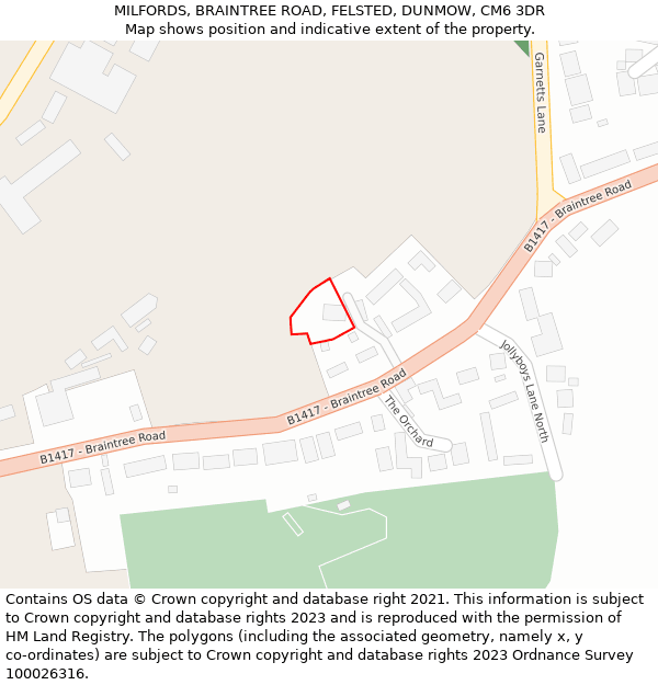MILFORDS, BRAINTREE ROAD, FELSTED, DUNMOW, CM6 3DR: Location map and indicative extent of plot