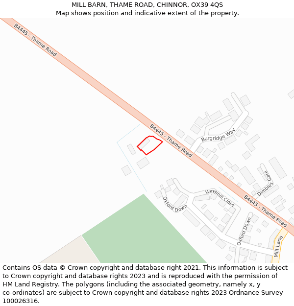 MILL BARN, THAME ROAD, CHINNOR, OX39 4QS: Location map and indicative extent of plot