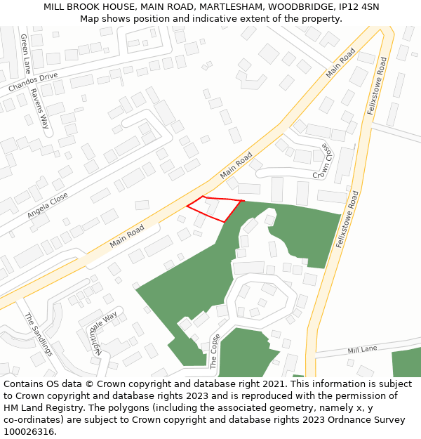 MILL BROOK HOUSE, MAIN ROAD, MARTLESHAM, WOODBRIDGE, IP12 4SN: Location map and indicative extent of plot