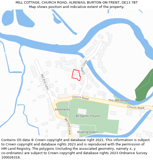 MILL COTTAGE, CHURCH ROAD, ALREWAS, BURTON-ON-TRENT, DE13 7BT: Location map and indicative extent of plot