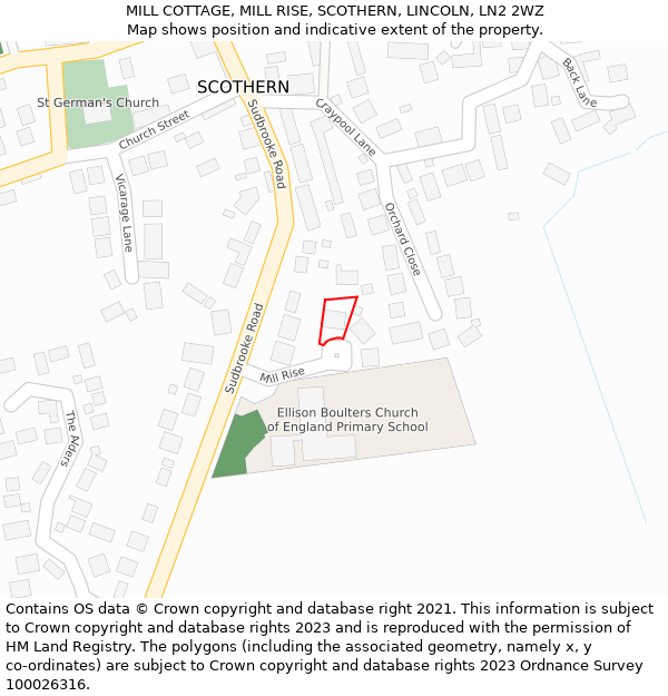 MILL COTTAGE, MILL RISE, SCOTHERN, LINCOLN, LN2 2WZ: Location map and indicative extent of plot
