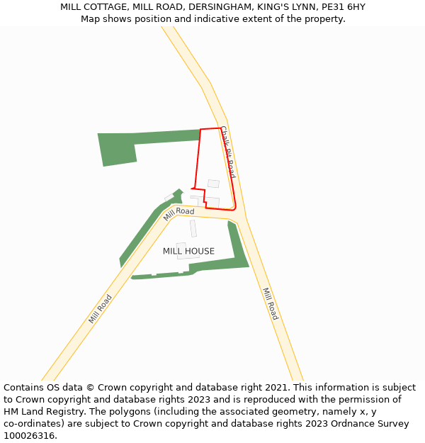 MILL COTTAGE, MILL ROAD, DERSINGHAM, KING'S LYNN, PE31 6HY: Location map and indicative extent of plot