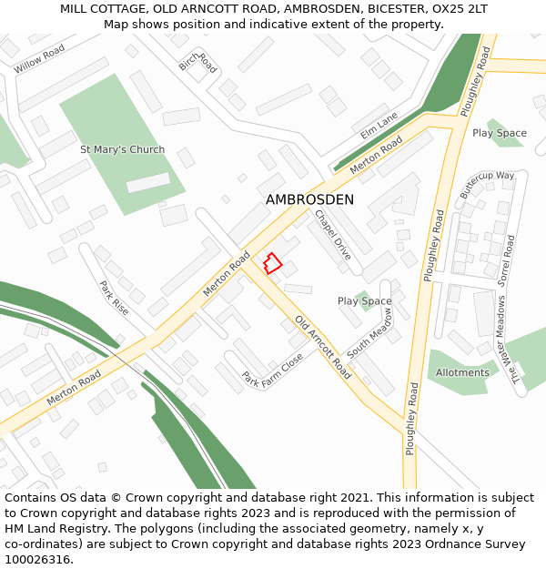 MILL COTTAGE, OLD ARNCOTT ROAD, AMBROSDEN, BICESTER, OX25 2LT: Location map and indicative extent of plot