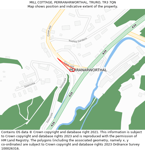 MILL COTTAGE, PERRANARWORTHAL, TRURO, TR3 7QN: Location map and indicative extent of plot