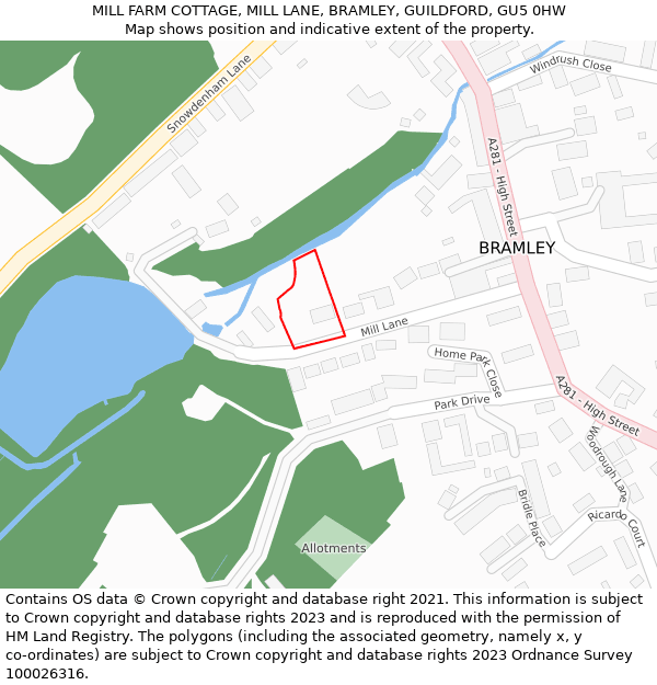 MILL FARM COTTAGE, MILL LANE, BRAMLEY, GUILDFORD, GU5 0HW: Location map and indicative extent of plot