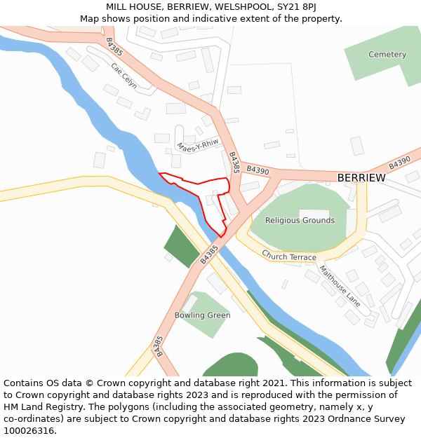 MILL HOUSE, BERRIEW, WELSHPOOL, SY21 8PJ: Location map and indicative extent of plot