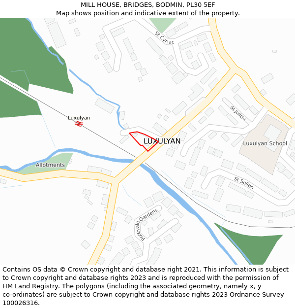 MILL HOUSE, BRIDGES, BODMIN, PL30 5EF: Location map and indicative extent of plot