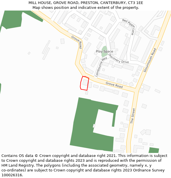 MILL HOUSE, GROVE ROAD, PRESTON, CANTERBURY, CT3 1EE: Location map and indicative extent of plot