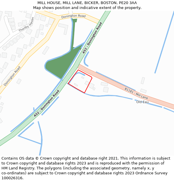 MILL HOUSE, MILL LANE, BICKER, BOSTON, PE20 3AA: Location map and indicative extent of plot