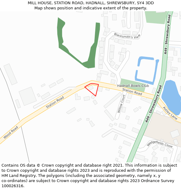 MILL HOUSE, STATION ROAD, HADNALL, SHREWSBURY, SY4 3DD: Location map and indicative extent of plot