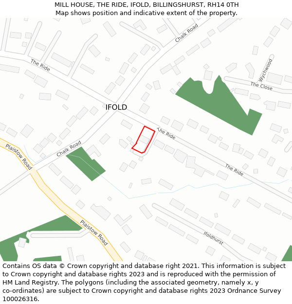 MILL HOUSE, THE RIDE, IFOLD, BILLINGSHURST, RH14 0TH: Location map and indicative extent of plot