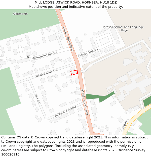 MILL LODGE, ATWICK ROAD, HORNSEA, HU18 1DZ: Location map and indicative extent of plot