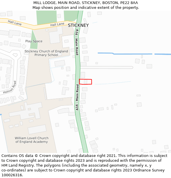 MILL LODGE, MAIN ROAD, STICKNEY, BOSTON, PE22 8AA: Location map and indicative extent of plot