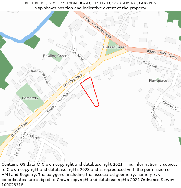 MILL MERE, STACEYS FARM ROAD, ELSTEAD, GODALMING, GU8 6EN: Location map and indicative extent of plot