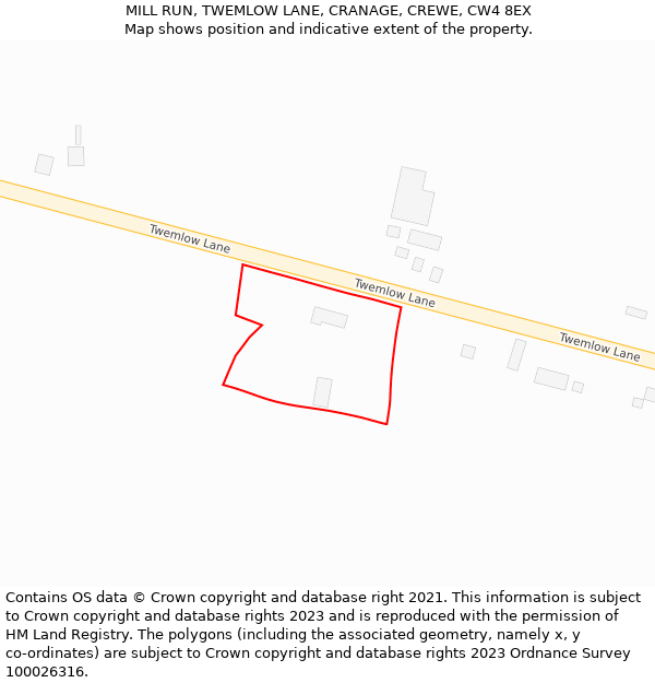 MILL RUN, TWEMLOW LANE, CRANAGE, CREWE, CW4 8EX: Location map and indicative extent of plot