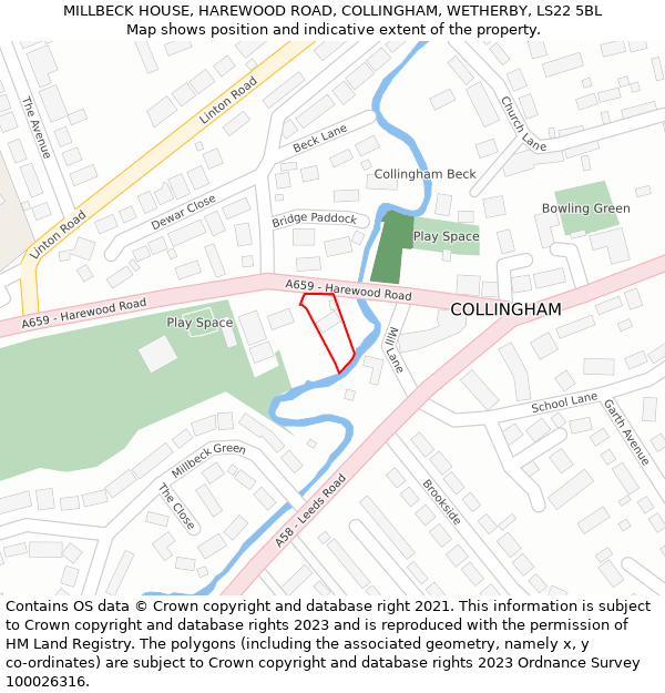 MILLBECK HOUSE, HAREWOOD ROAD, COLLINGHAM, WETHERBY, LS22 5BL: Location map and indicative extent of plot