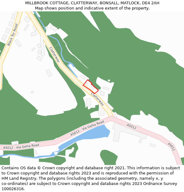 MILLBROOK COTTAGE, CLATTERWAY, BONSALL, MATLOCK, DE4 2AH: Location map and indicative extent of plot