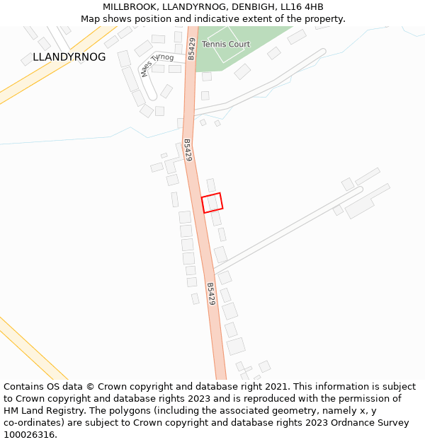MILLBROOK, LLANDYRNOG, DENBIGH, LL16 4HB: Location map and indicative extent of plot