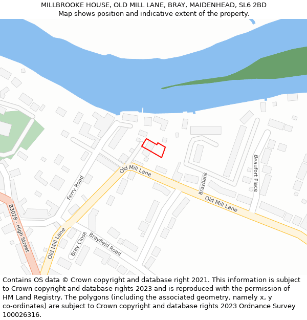 MILLBROOKE HOUSE, OLD MILL LANE, BRAY, MAIDENHEAD, SL6 2BD: Location map and indicative extent of plot