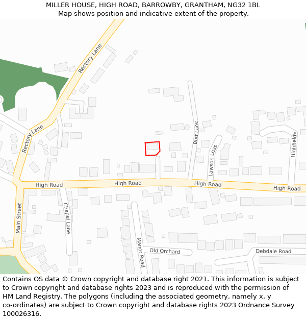 MILLER HOUSE, HIGH ROAD, BARROWBY, GRANTHAM, NG32 1BL: Location map and indicative extent of plot