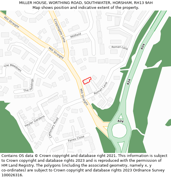MILLER HOUSE, WORTHING ROAD, SOUTHWATER, HORSHAM, RH13 9AH: Location map and indicative extent of plot