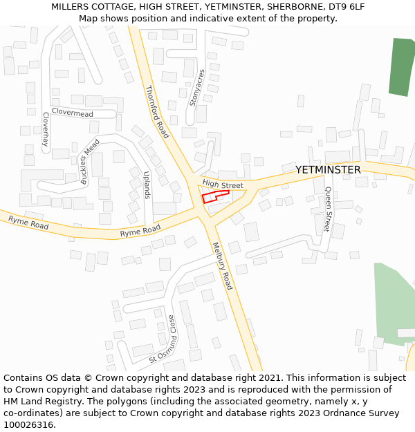 MILLERS COTTAGE, HIGH STREET, YETMINSTER, SHERBORNE, DT9 6LF: Location map and indicative extent of plot