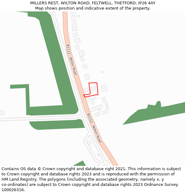 MILLERS REST, WILTON ROAD, FELTWELL, THETFORD, IP26 4AY: Location map and indicative extent of plot