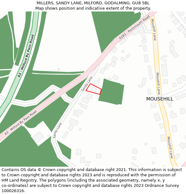MILLERS, SANDY LANE, MILFORD, GODALMING, GU8 5BL: Location map and indicative extent of plot