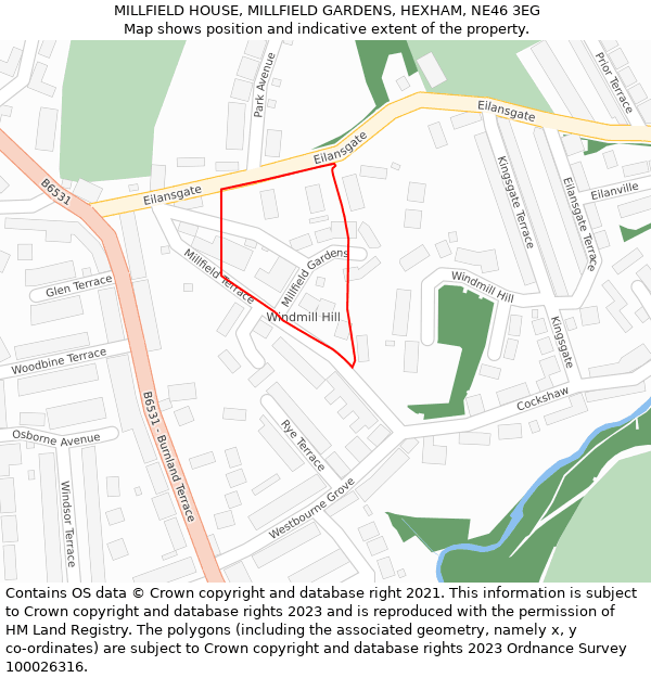 MILLFIELD HOUSE, MILLFIELD GARDENS, HEXHAM, NE46 3EG: Location map and indicative extent of plot