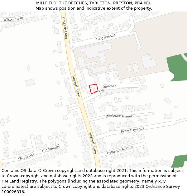 MILLFIELD, THE BEECHES, TARLETON, PRESTON, PR4 6EL: Location map and indicative extent of plot