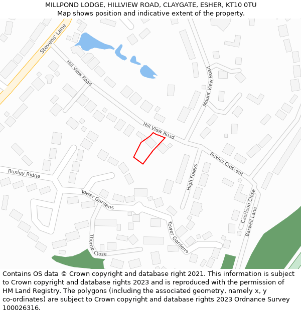 MILLPOND LODGE, HILLVIEW ROAD, CLAYGATE, ESHER, KT10 0TU: Location map and indicative extent of plot