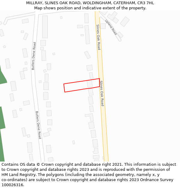 MILLRAY, SLINES OAK ROAD, WOLDINGHAM, CATERHAM, CR3 7HL: Location map and indicative extent of plot