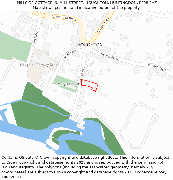 MILLSIDE COTTAGE, 9, MILL STREET, HOUGHTON, HUNTINGDON, PE28 2AZ: Location map and indicative extent of plot