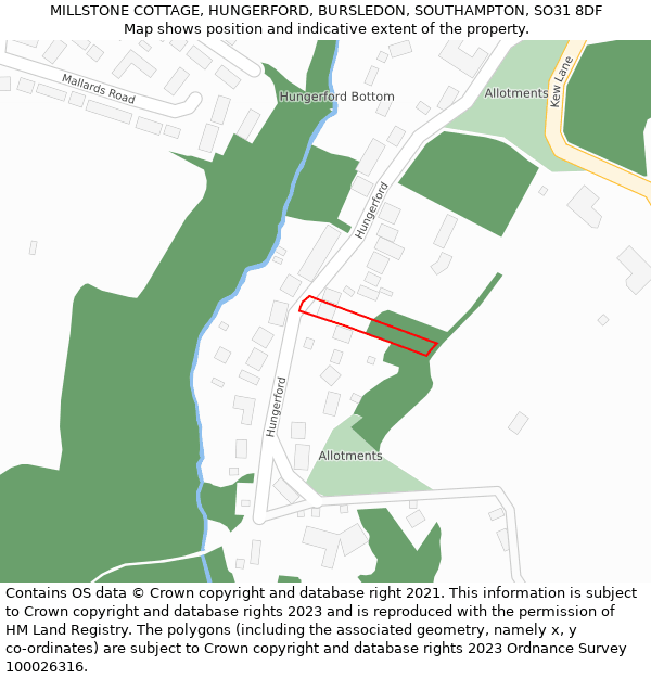 MILLSTONE COTTAGE, HUNGERFORD, BURSLEDON, SOUTHAMPTON, SO31 8DF: Location map and indicative extent of plot